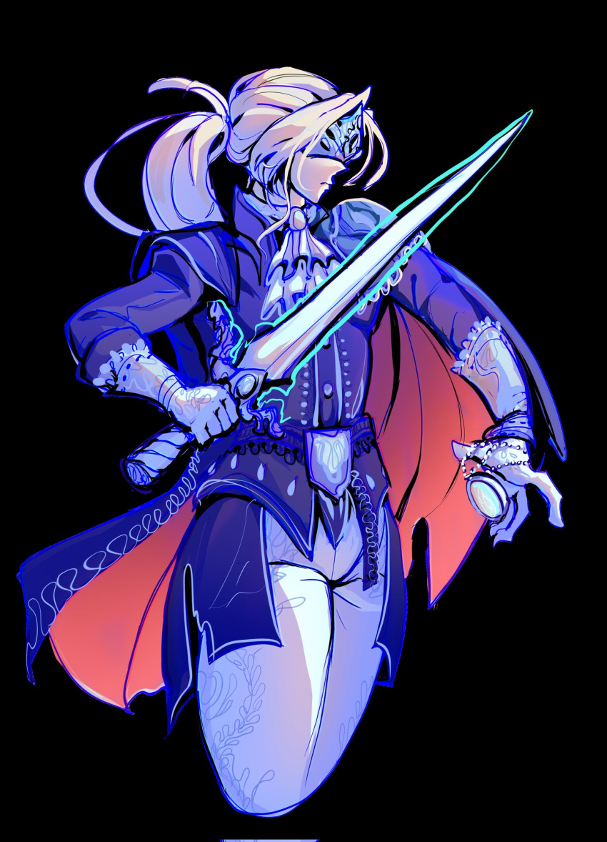 1girl, ascot, black_background, black_coat, blindfold, blonde_hair, blue_fayt, cape, closed_mouth, coat, commentary, duchess_(elden_ring), elden_ring, elden_ring_nightreign, english_commentary, gloves, highres, holding, holding_pocket_watch, holding_sword, holding_weapon, pants, pocket_watch, ponytail, red_cape, simple_background, solo, sword, watch, weapon, white_ascot, white_gloves, white_pants