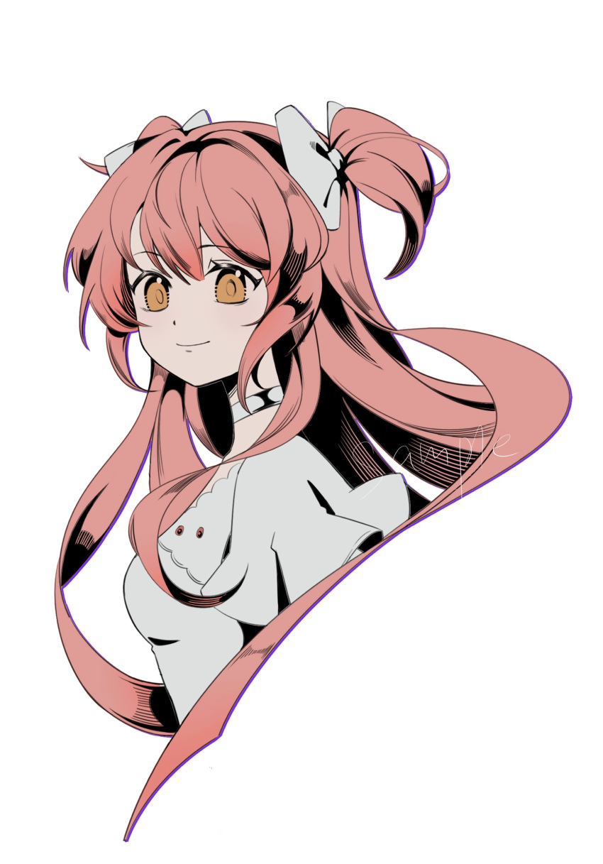 1girl, bow, chen_quming_hao_nan, choker, closed_mouth, commentary_request, cropped_torso, dot_nose, dress, goddess_madoka, hair_bow, happy, highres, idolmaster, idolmaster_cinderella_girls, kaname_madoka, light_blush, long_hair, looking_at_viewer, mahou_shoujo_madoka_magica, mahou_shoujo_madoka_magica_(anime), outline, pink_hair, pleated_sleeves, purple_outline, sample_watermark, short_sleeves, sidelocks, simple_background, smile, solo, two_side_up, very_long_hair, watermark, white_background, white_bow, white_choker, white_dress, wide_sleeves, yellow_eyes