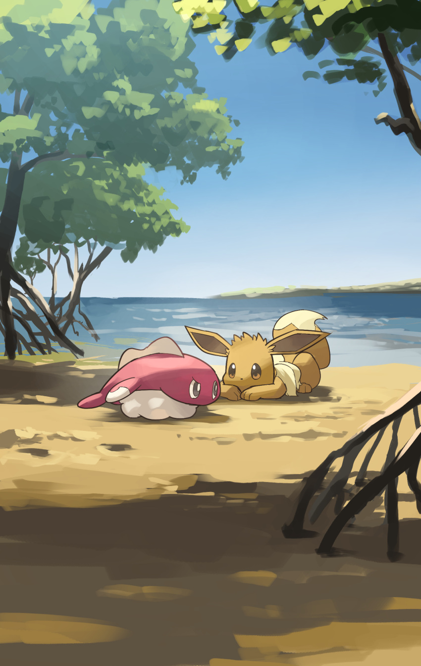 beach, blue_sky, brown_eyes, brown_fur, colored_skin, commentary_request, eevee, fish