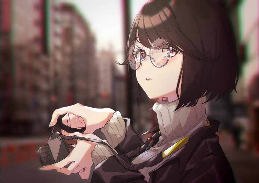 1girl, absurdres, alternate_costume, black_hair, black_jacket, blurry, blurry_background, bob_cut, camera, camera_around_neck, commentary_request, eyelashes, from_side, glasses, grey-framed_eyewear, hands_up, highres, holding, holding_camera, jacket, lips, lipstick, long_sleeves, looking_ahead, makeup, nijisanji, parted_lips, red_lips, ribbed_sweater, round_eyewear, satou_koko, seto_miyako, short_hair, solo, sweater, swept_bangs, turtleneck, turtleneck_sweater, upper_body, violet_eyes, virtual_youtuber