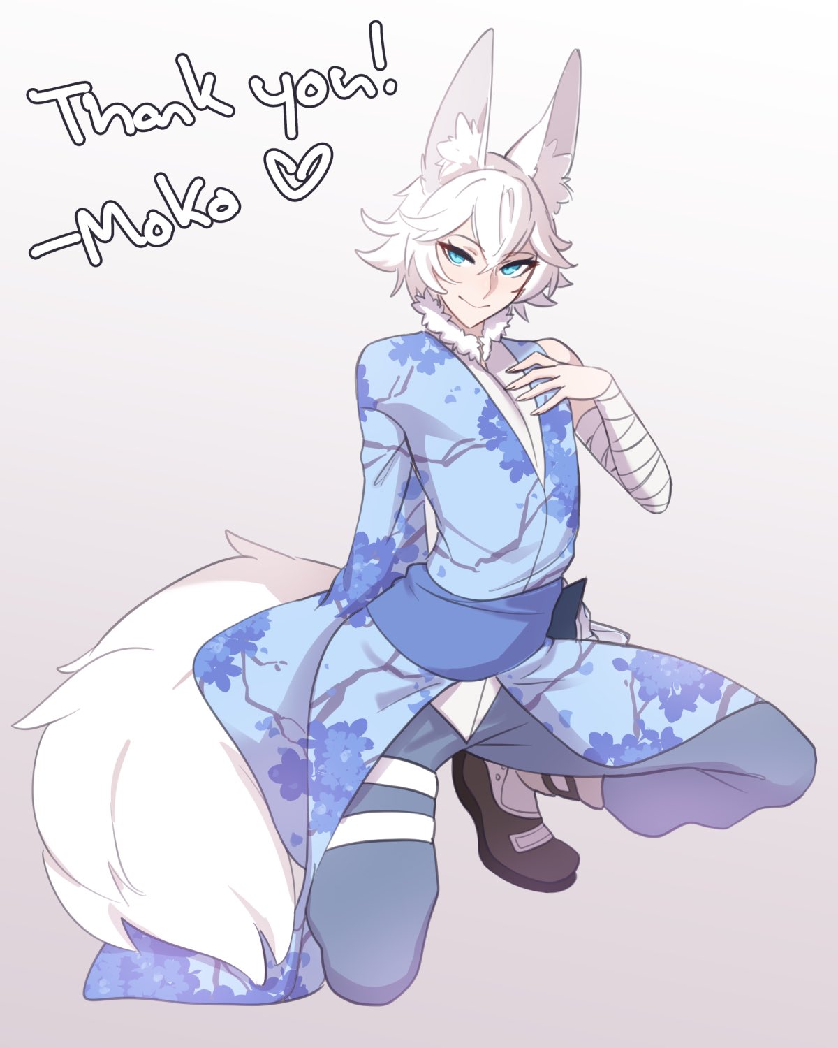 1boy, androgynous, animal_ear_fluff, animal_ears, bandages, blue_eyes, commentary, commission, fox_boy, fox_ears, fox_tail, fur_trim, highres, japanese_clothes, kimono, mokotoko9, obi, original, sash, short_kimono, short_yukata, solo, squatting, tail, white_hair, yukata