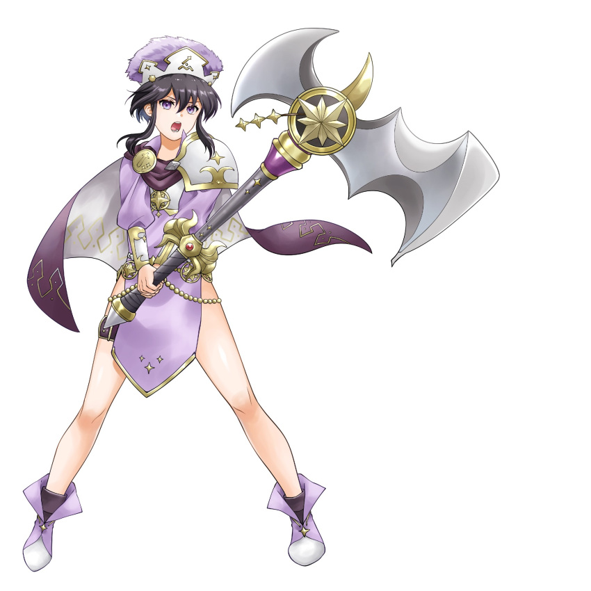 1girl, armor, axe, black_hair, boots, bracer, cape, commission