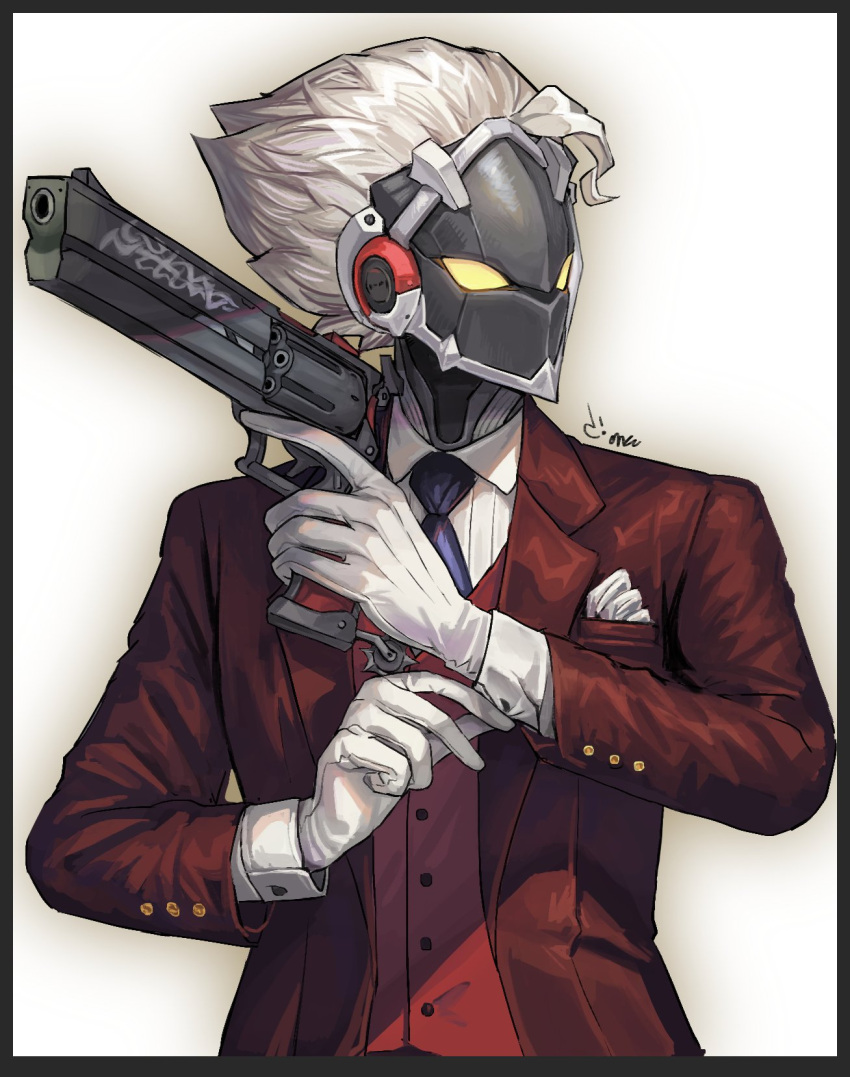 1boy, alternate_costume, arms_up, billy_kid, black_necktie, breast_pocket, buttons, collared_shirt