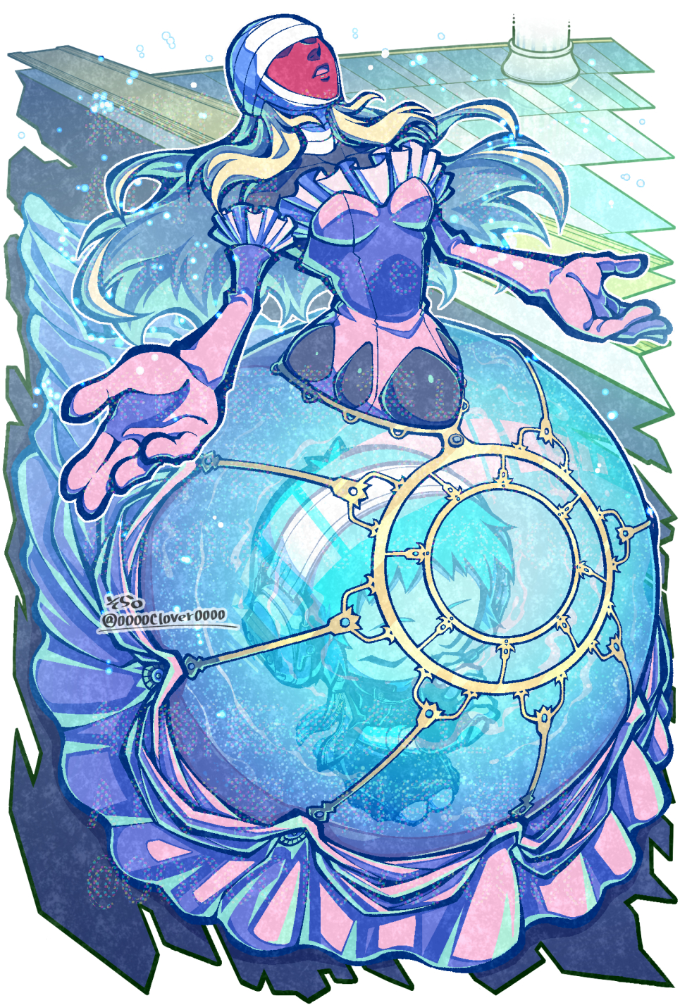 04sora40, 2girls, aqua_hair, blonde_hair, closed_eyes, colored_skin, commentary_request, dress