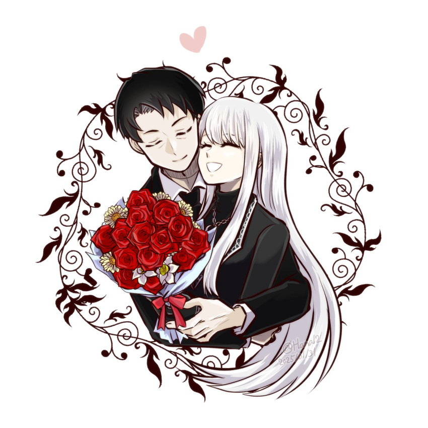 1boy, 1girl, angelica_(project_moon), black_hair, black_jacket, black_necktie, black_shirt, bouquet