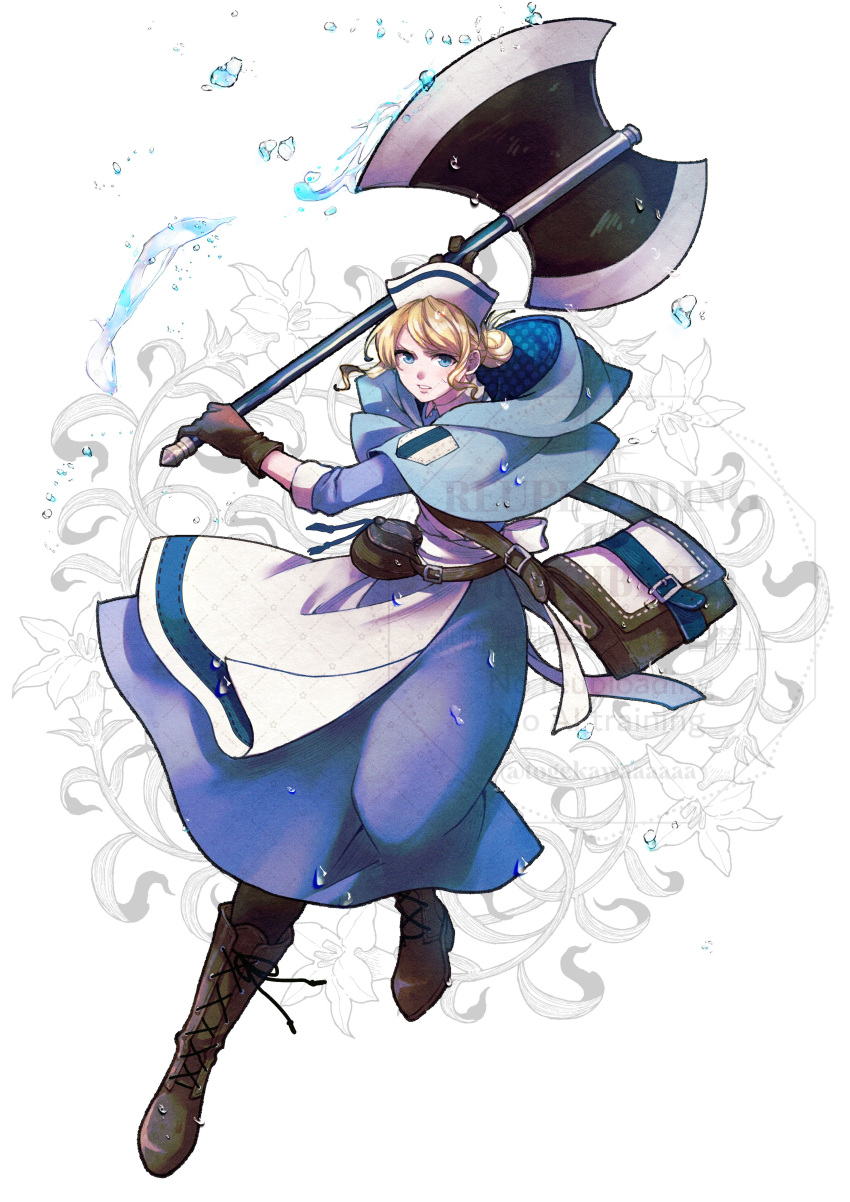 1girl, absurdres, apron, axe, bag, battle_axe, blonde_hair, blue_dress