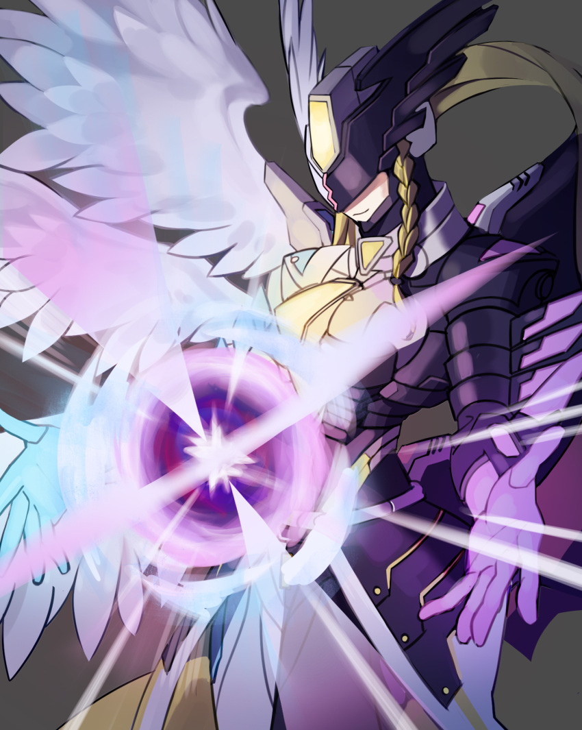 10_09hwan, 1girl, angel_wings, armor, asymmetrical_armor, black_armor, black_helmet, black_wings, breasts, commission, cowboy_shot, demon_wings, digimon, digimon_(creature), feathered_wings, forehead_jewel, glowing, grey_background, helmet, highres, mastemon, medium_breasts, simple_background, solo, two-tone_helmet, white_armor, white_helmet, white_wings, wings
