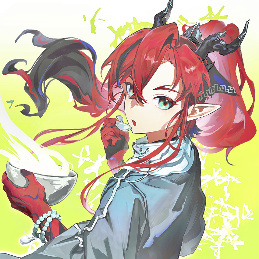 1boy, ahky, arknights, bowl, chinese_commentary, commentary_request, dragon_boy, eastern_dragon_horns
