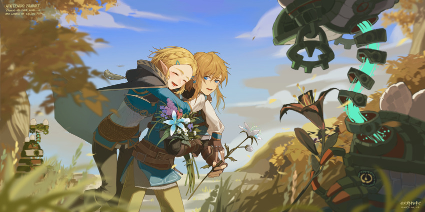 1boy, 1girl, :d, absurdres, autumn_leaves, black_pants, blonde_hair, blue_eyes