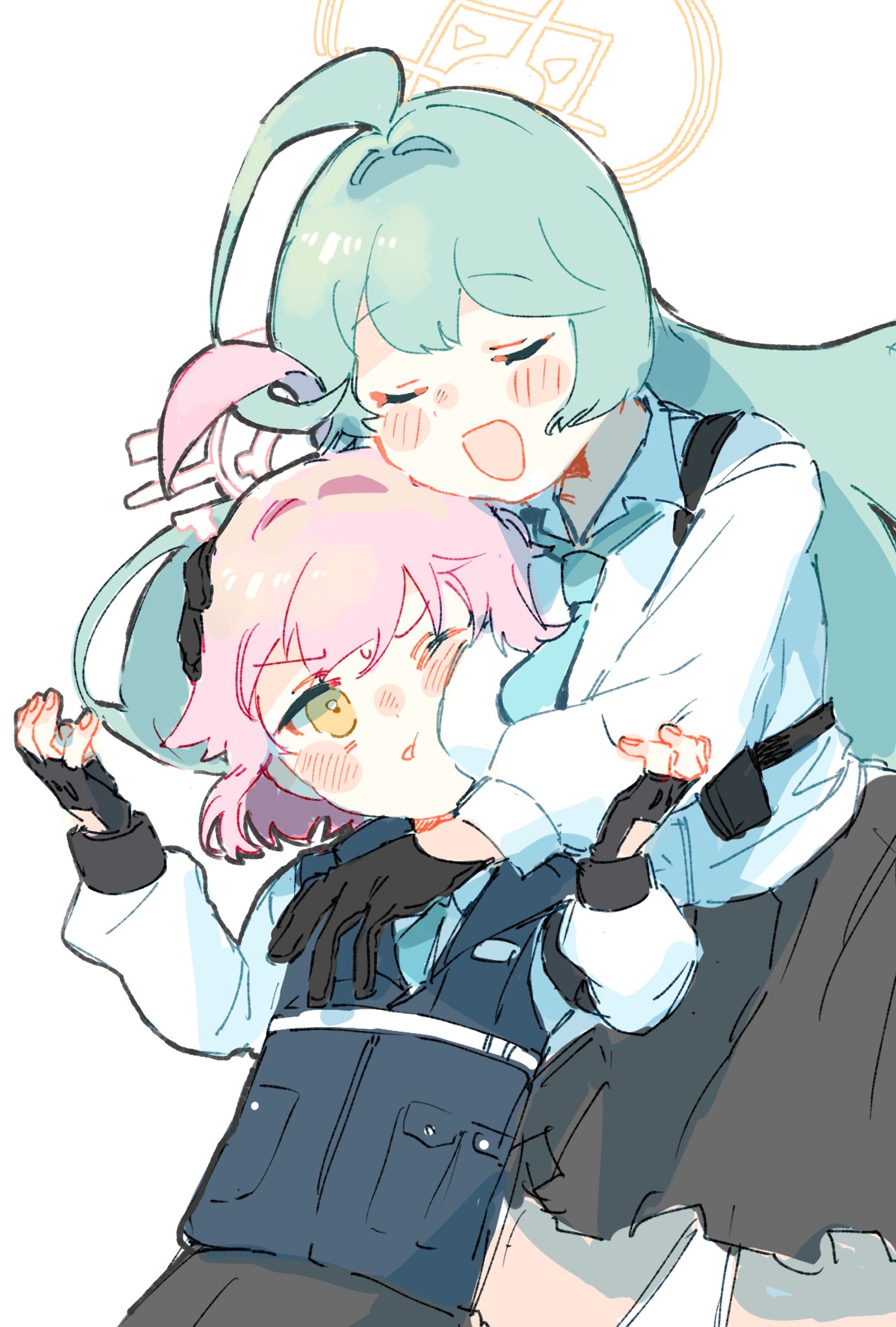 2girls, ahoge, aqua_hair, black_gloves, black_skirt, black_vest, blue_archive, blush