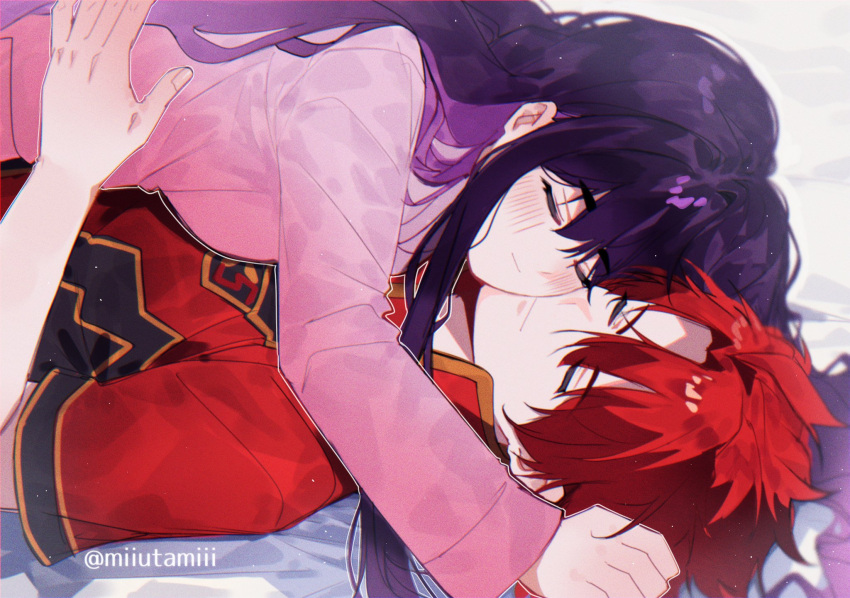 1boy, 1girl, asagaki_toogo, blush, couple, cuddling, hetero, highres, idola_avorn, jacket, long_hair, lying, miiutamiii_(artist), on_back, purple_hair, purple_shirt, red_hair, red_jacket, sentai_red_ga_isekai_de_boukensha_ni_naru, shirt, short_hair, twitter_username