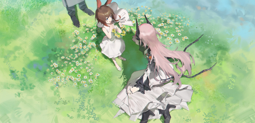 1other, 2girls, :d, amiya_(arknights), amiya_(young)_(arknights), animal_ears, arknights, bare_arms