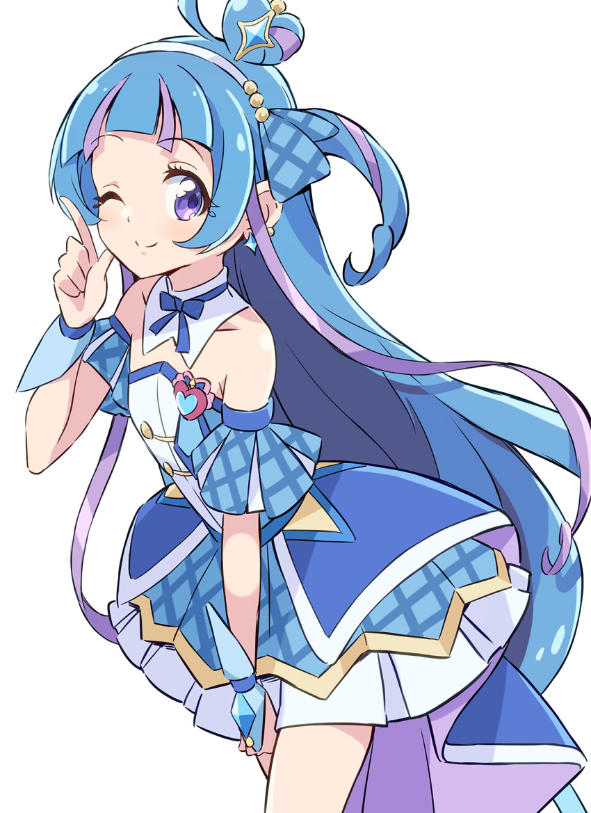 1girl, blue_bow, blue_hair, blue_wrist_cuffs, bow, brooch, chikuwa_(majihima), cowboy_shot