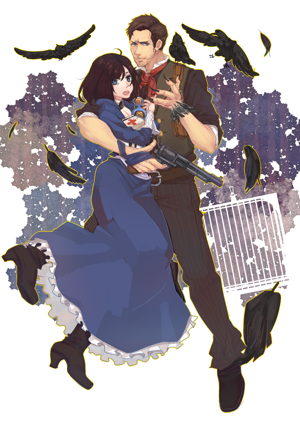 1boy, 1girl, :o, animal_on_shoulder, beard_stubble, belt, bioshock_(series), bioshock_infinite