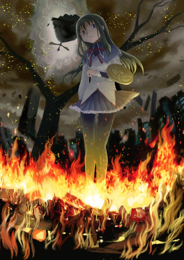 akemi_homura, black_hair, fire, hairband, hiraoka_masamune, long_hair, mahou_shoujo_madoka_magica, pantyhose