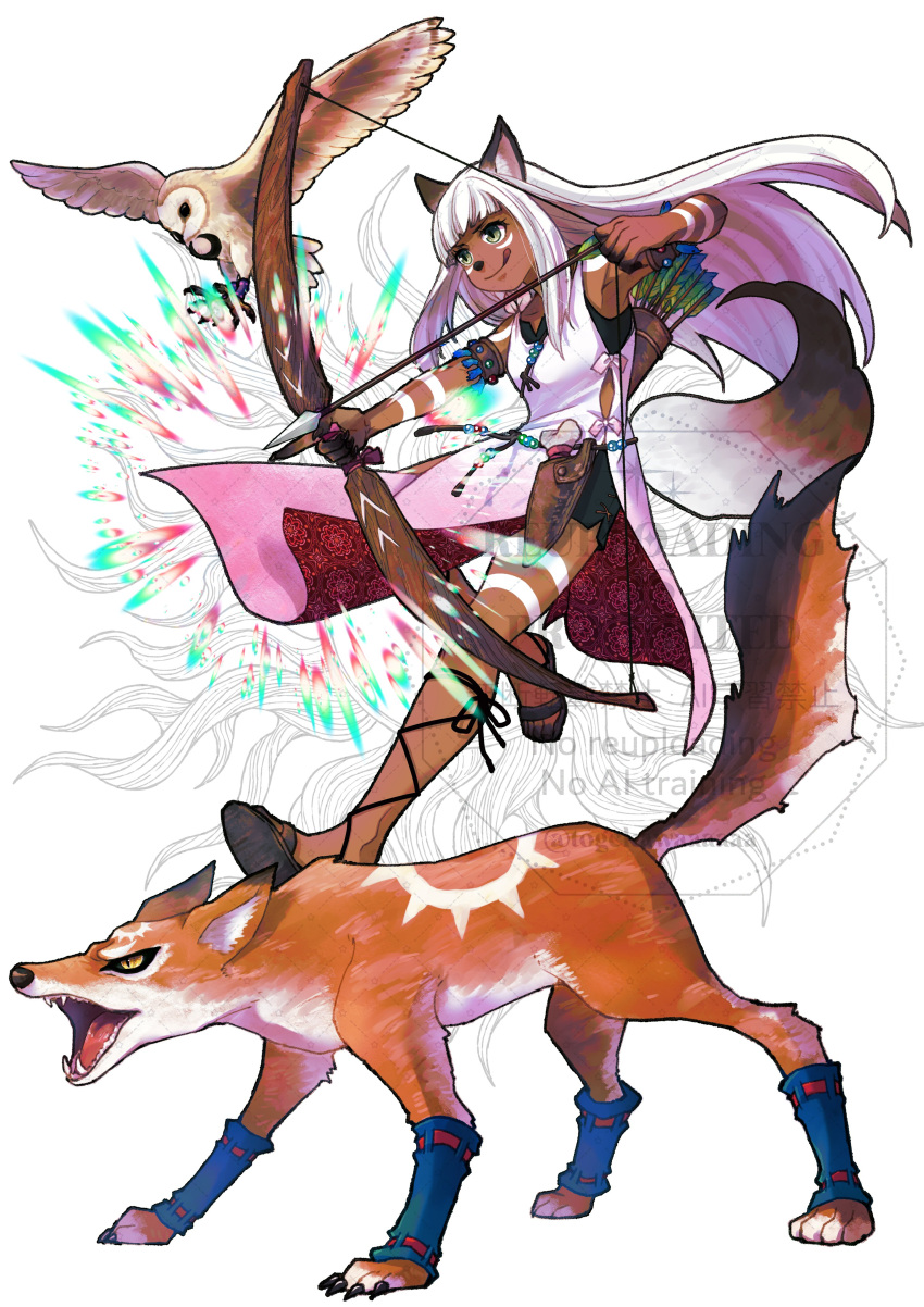 1girl, :q, absurdres, animal_ears, archery, arrow_(projectile), barn_owl, bird, bow_(weapon), closed_mouth, commentary_request, dark-skinned_female, dark_skin, dress, eyelashes, green_eyes, highres, holding, holding_bow_(weapon), holding_weapon, long_hair, ochette_(octopath_traveler), octopath_traveler, octopath_traveler_ii, orange_fur, owl, quiver, red_dress, sharp_teeth, smile, teeth, togekawaaaaaa, tongue, tongue_out, two-sided_dress, two-sided_fabric, two-tone_dress, watermark, weapon, white_background, white_dress, white_hair, yellow_eyes