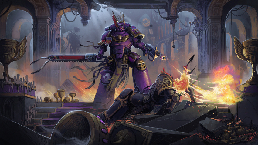 2boys, absurdres, adeptus_astartes, arch, architecture, armor, battle, black_armor