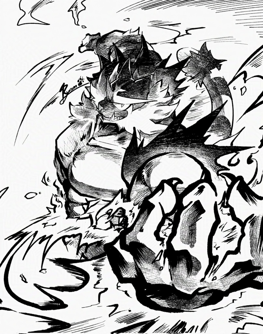 arm_up, claws, clenched_hand, collarbone, commentary, fangs, fire, greyscale, grin, highres, incineroar, looking_at_viewer, monochrome, motion_lines, no_humans, outstretched_arm, pectorals, pokemon, pokemon_(creature), ryeono_kemo, smile, striped_fur, teeth