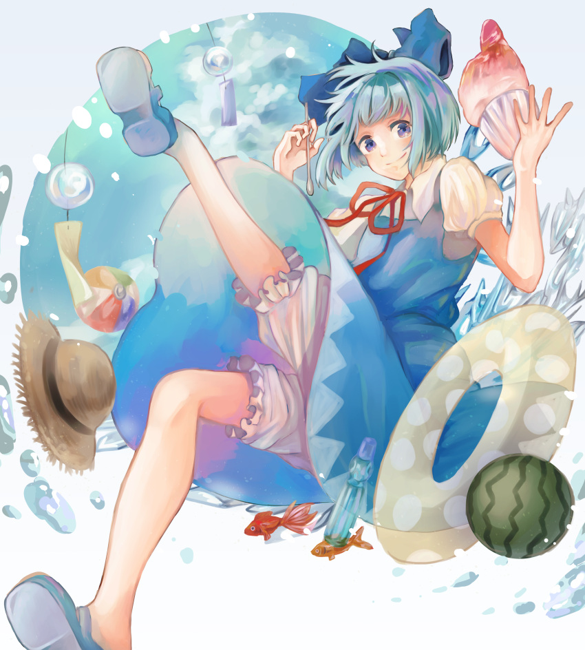 1girl, absurdres, bloomers, blue_bow, blue_dress, blue_hair, blue_shoes, bow