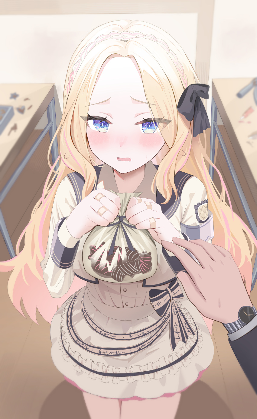 1boy, 1girl, absurdres, bag, bandaid, bandaid_on_hand, black_ribbon, blonde_hair, blush, braid, brown_dress, brown_jacket, commentary_request, cropped_jacket, curtained_hair, dress, forehead, gakuen_idolmaster, gompu, hair_ribbon, happy_mille-feuille_(idolmaster), highres, holding, holding_bag, idolmaster, jacket, juo_sena, long_hair, long_sleeves, nose_blush, official_alternate_costume, plastic_bag, pov, pov_hands, ribbon, very_long_hair, watch, watch