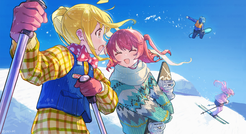 4girls, ^_^, alternate_costume, black_pants, blonde_hair, blue_sky, blue_vest, blush