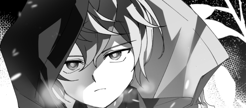 1boy, bad_id, bad_twitter_id, black_background, closed_mouth, collared_cape, collared_coat, collared_shirt, commentary_request, determined, elsword, frown, greyscale, hair_between_eyes, high_collar, korean_commentary, light_particles, looking_at_viewer, male_focus, monochrome, noah_ebalon, phamchen, shirt, short_hair, solo, upper_body