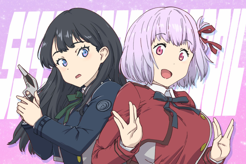 2girls, :d, alternate_costume, black_hair, black_ribbon, breasts, copyright_name, double_v