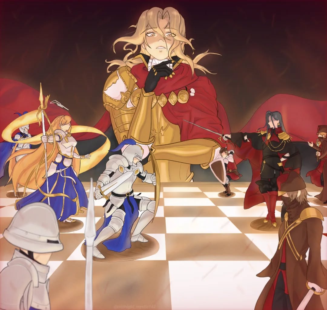 4girls, 5boys, aiguillette, armor, bad_link, banner, black_gloves, blonde_hair