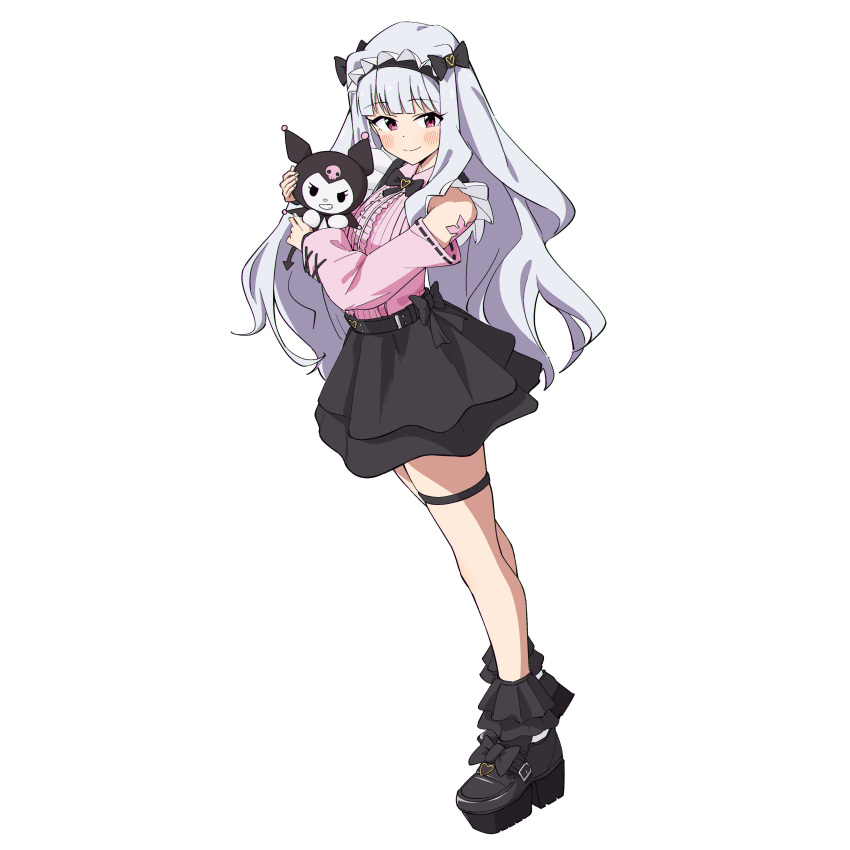 2girls, absurdres, bakawahitori, black_bow, black_ribbon, black_shoes, black_skirt, blush