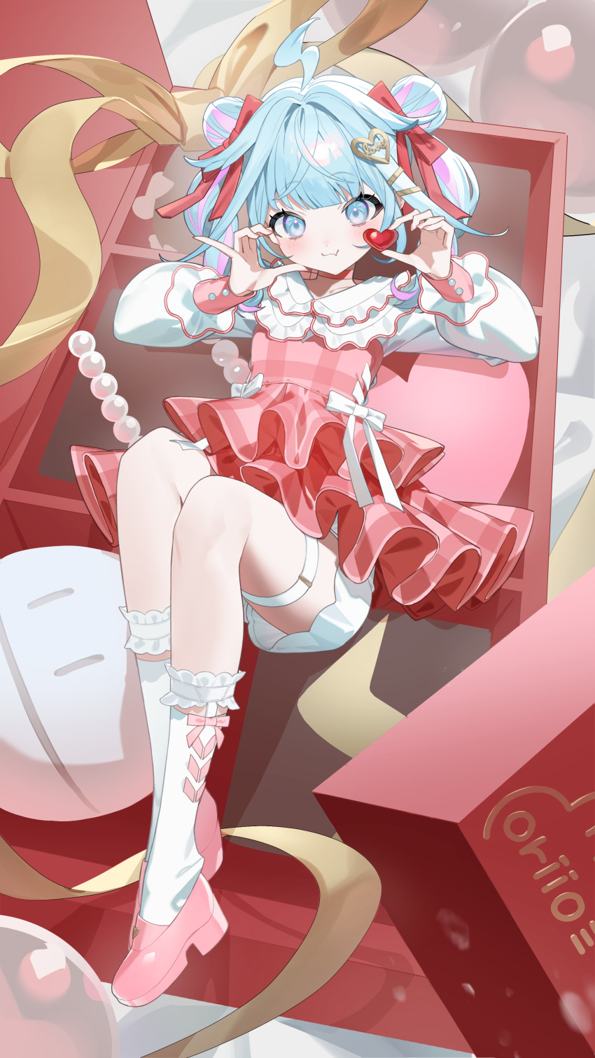 1girl, absurdres, ahoge, alternate_costume, blue_eyes, blue_hair, blunt_bangs, blush, bow, box, candy, chocolate, choker, commentary, crossed_bangs, double_bun, dress, dress_bow, fang, food, frilled_dress, frilled_shirt_collar, frilled_straps, frills, full_body, hair_bow, hair_bun, hair_flaps, hair_intakes, hair_ornament, hairclip, heart, heart-shaped_chocolate, heart-shaped_food, heart_hair_ornament, highres, holding, holding_chocolate, holding_food, hololive, hololive_dev_is, in_box, in_container, knee_strap, kneehighs, knees_up, layered_dress, long_sleeves, looking_at_viewer, lying, medium_hair, mizumiya_su, moriiochan, multicolored_hair, pink_hair, pink_shoes, pinky_out, plaid_clothes, plaid_dress, platform_shoes, red_choker, red_dress, red_sleeve_cuffs, shoes, shorts, shorts_under_dress, skin_fang, socks, solo, streaked_hair, thigh_strap, valentine, virtual_youtuber, white_shorts, white_socks