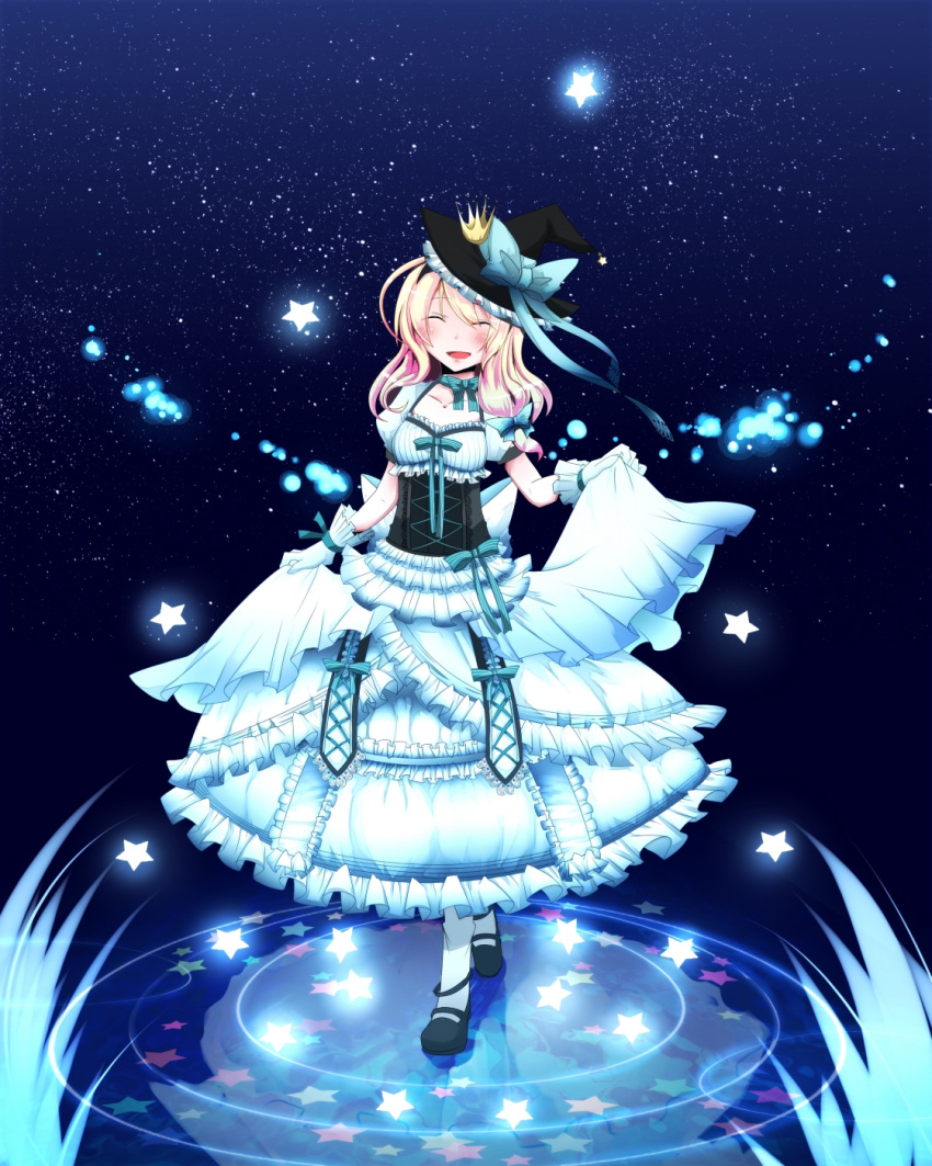 alternate_costume, blonde_hair, choker, closed_eyes, corset, crown, dress, gloves