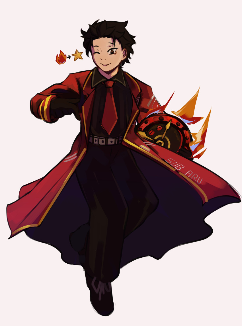 1boy, ;p, absurdres, black_gloves, black_hair, black_pants, black_shirt, black_shoes, brown_eyes, clock, closed_mouth, coat, collared_shirt, commentary, cosplay, dante_(limbus_company), dante_(limbus_company)_(cosplay), english_commentary, full_body, gingersnap2905, gloves, hair_slicked_back, hand_up, highres, holding, holding_clock, lapels, limbus_company, long_sleeves, looking_at_viewer, male_focus, natsuki_subaru, necktie, notched_lapels, one_eye_closed, open_clothes, open_coat, pants, project_moon, re:zero_kara_hajimeru_isekai_seikatsu, red_coat, red_necktie, shirt, shoes, short_hair, simple_background, smile, solo, standing, star_(symbol), tongue, tongue_out, white_background, wing_collar