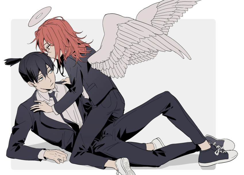 2boys, angel_devil_(chainsaw_man), angel_wings, black_hair, black_jacket, black_necktie, black_pants, black_suit