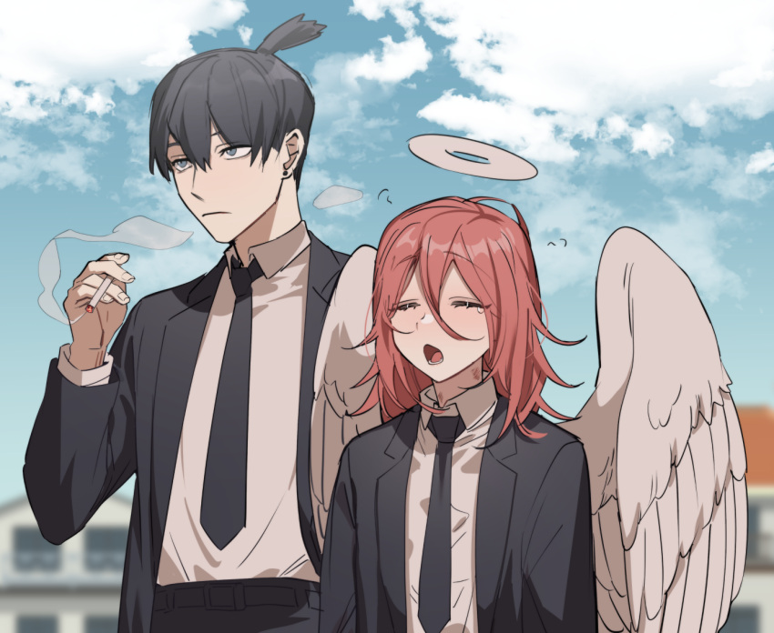 2boys, angel_devil_(chainsaw_man), angel_wings, bishounen, black_hair, black_jacket, blue_eyes, blurry, blurry_background, chainsaw_man, cigarette, closed_eyes, clouds, collared_shirt, commentary_request, earrings, eyelashes, hair_between_eyes, halo, hayakawa_aki, holding, holding_cigarette, jacket, jewelry, lapels, layered_sleeves, long_sleeves, looking_ahead, male_focus, medium_hair, ming_(5unri5e666), multiple_boys, notched_lapels, open_clothes, open_jacket, piercing, red_hair, shirt, shirt_tucked_in, side-by-side, sky, smoke, smoke_trail, stud_earrings, suit_jacket, tears, upper_body, white_shirt, white_wings, wing_collar, wings, yawning