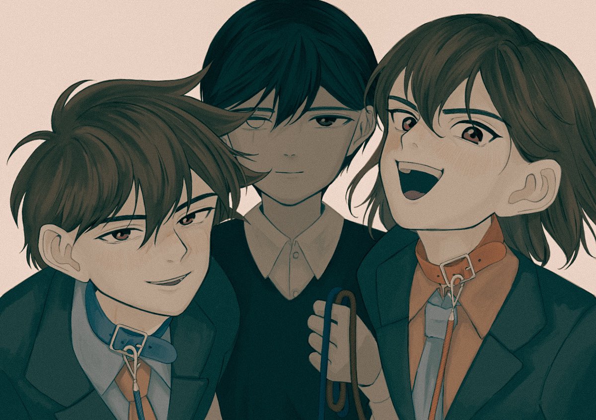 3boys, black_eyes, black_hair, black_suit, black_sweater_vest, blue_necktie, blue_shirt, brown_eyes, brown_hair, collar, collared_shirt, hero_(faraway)_(omori), hero_(omori), heterochromia, holding, holding_leash, kel_(faraway)_(omori), kel_(omori), leash, long_sleeves, looking_at_viewer, male_focus, msdnno_kabe, multiple_boys, necktie, omori, open_mouth, orange_necktie, orange_shirt, shirt, short_hair, smile, spoilers, suit, sunny_(omori), sweater_vest, teeth, upper_teeth_only, white_eyes, white_shirt