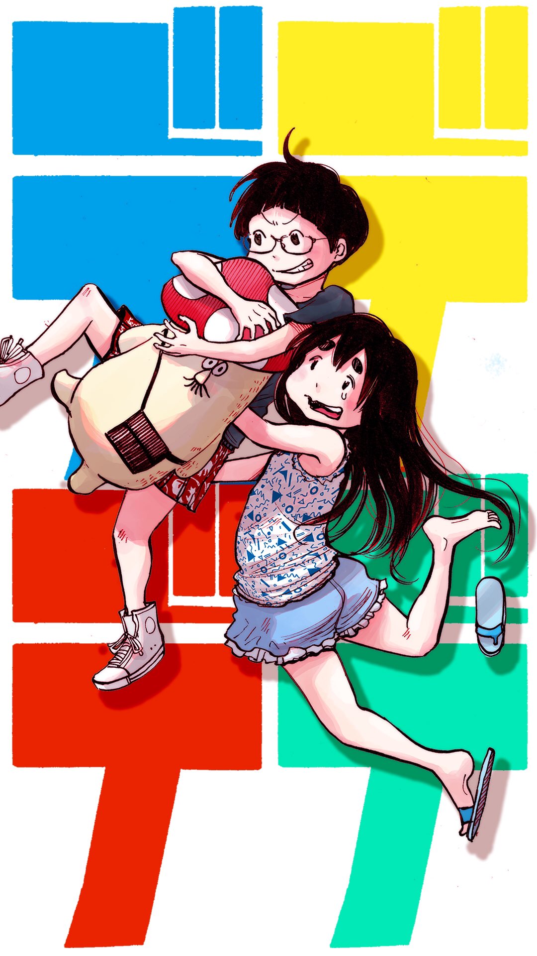 2girls, asano_inio, backpack, bag, black_hair, clenched_teeth, commentary, dead_dead_demons_de_dedede_destruction