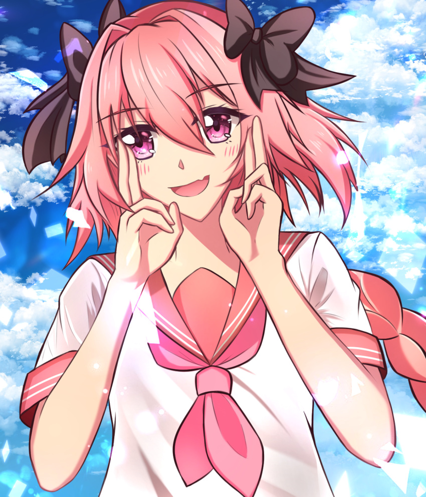 1boy, astolfo_(fate), astolfo_(sailor_paladin)_(fate), astolfo_(sailor_paladin)_(fate)_(cosplay), cosplay, fate/grand_order, fate_(series), highres, male_focus, mitsu_(multim), otoko_no_ko, pink_hair, pink_sailor_collar, sailor_collar