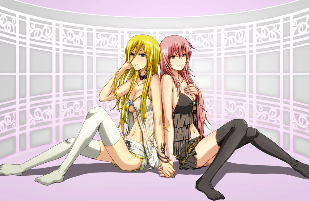 blonde_hair, blue_eyes, breasts, cleavage, hand_holding, holding_hands, legs, lily_(vocaloid)