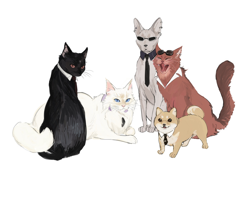 1girl, 4boys, :3, animal, animal_ear_fluff, animal_focus, animalization, black_cat, blue_eyes, cat, chinese_commentary, detached_collar, dog, earrings, elena_(ff7), eyewear_on_head, final_fantasy, final_fantasy_vii, final_fantasy_vii_remake, fluff, grey_cat, hairless_cat, highres, jewelry, multiple_boys, necktie, open_mouth, orange_eyes, red_cat, reno_(ff7), rude_(ff7), rufus_shinra, shou_rou, sitting, sunglasses, teeth, tseng, turks_(ff7), whiskers, white_cat, yawning