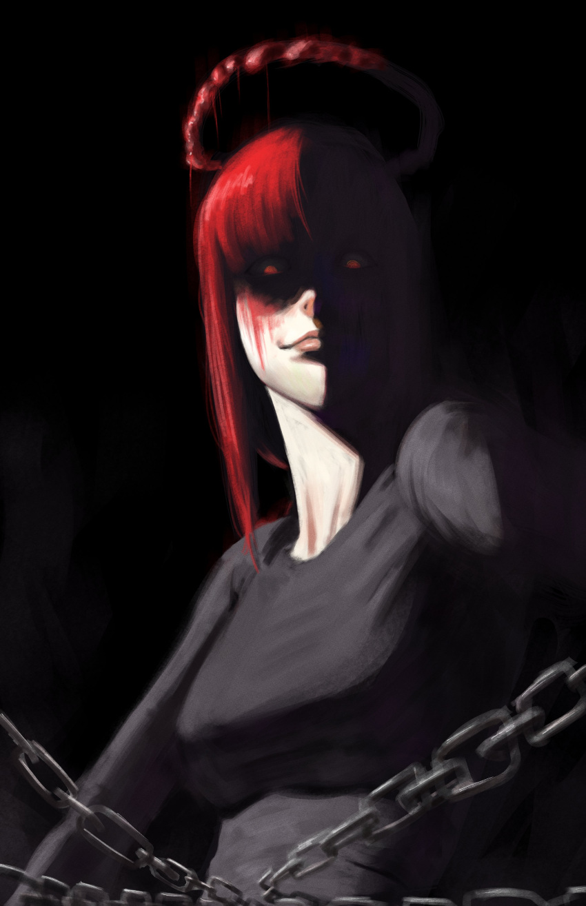 1girl, absurdres, black_background, black_dress, blood, blood_on_face, chain, chainsaw_man