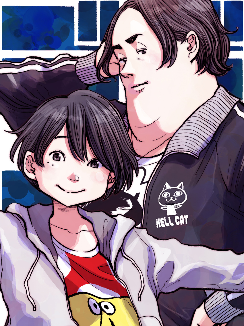 2boys, absurdres, asano_inio, black_hair, commentary, dead_dead_demons_de_dedede_destruction, fat, grey_hoodie