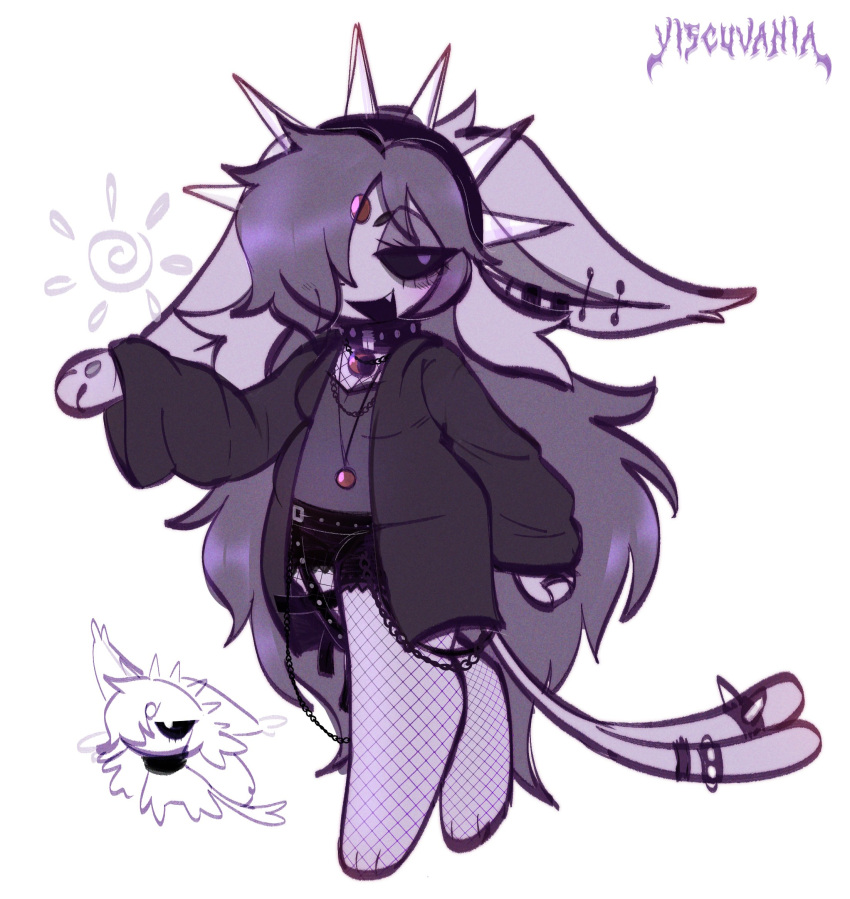 1girl, :d, animal_ears, animal_hands, black_sclera, breasts, cat_ears, cat_girl, cat_tail, chain, collar, colored_sclera, earrings, espeon, fang, fishnet_pantyhose, fishnets, forehead_jewel, forked_tail, full_body, furry, furry_female, highres, jacket, jewelry, long_hair, looking_at_viewer, necklace, pantyhose, personification, pokemon, pokemon_(creature), purple_hair, purple_jacket, purple_shirt, shirt, simple_background, smile, solo, spiked_collar, spikes, standing, tail, very_long_hair, violet_eyes, viscuvania, white_background