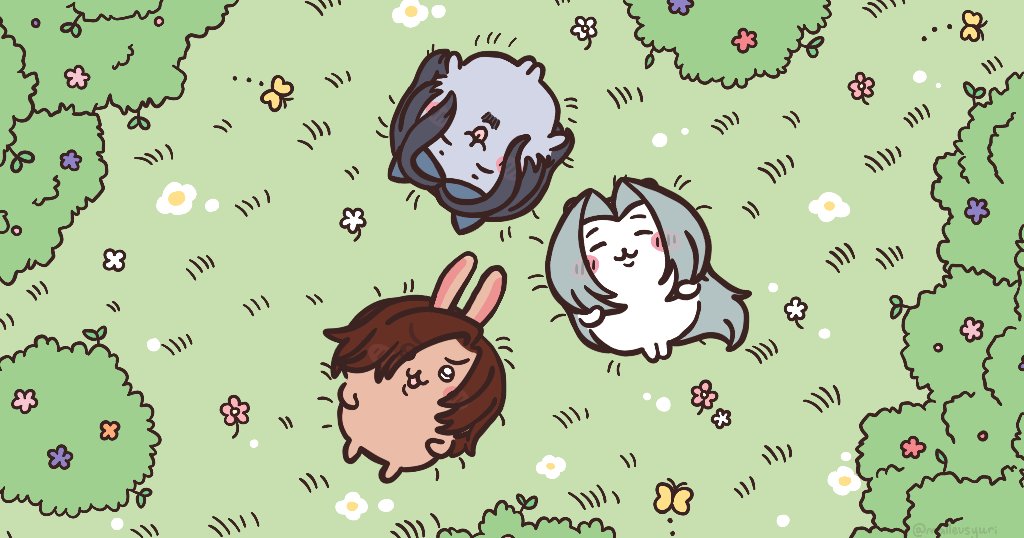 3boys, :3, angeal_hewley, animal, animal_ears, animal_focus, animalization, black_hair, blush_stickers, bug, bush, butterfly, cat_ears, chiikawa, facial_hair, final_fantasy, final_fantasy_vii, flower, genesis_rhapsodos, grass, grey_hair, happy, long_hair, malleusyuri, multiple_boys, on_grass, outdoors, parody, rabbit_ears, red_hair, sephiroth, short_hair, style_parody, tongue, tongue_out