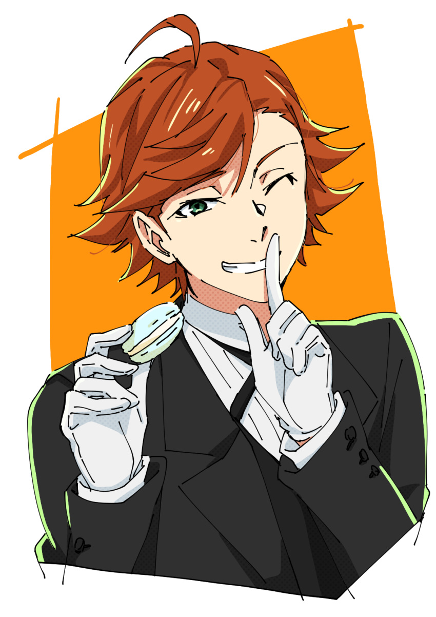 1boy, ahoge, black_jacket, bungou_stray_dogs, butler, collared_shirt, cropped_torso, cross_tie, finger_to_mouth, food, formal_clothes, gloves, green_eyes, grin, hand_up, highres, holding, holding_food, index_finger_raised, jacket, konban_war, long_sleeves, looking_at_viewer, macaron, male_focus, mark_twain_(bungou_stray_dogs), official_alternate_costume, one_eye_closed, orange_hair, shirt, short_hair, shushing, simple_background, smile, solo, suit, third-party_source, upper_body, vest, white_gloves, white_shirt