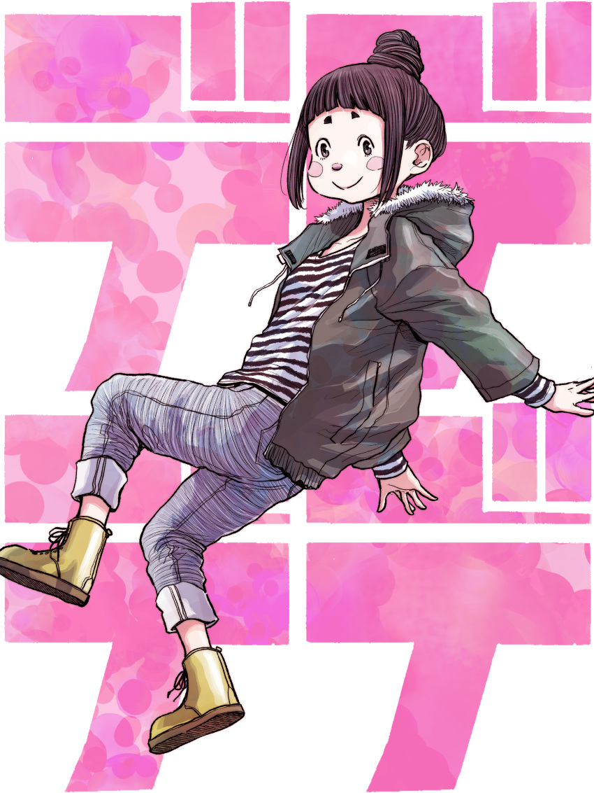absurdres, asano_inio, black_hair, blush_stickers, boots, brown_boots, brown_eyes, button_nose