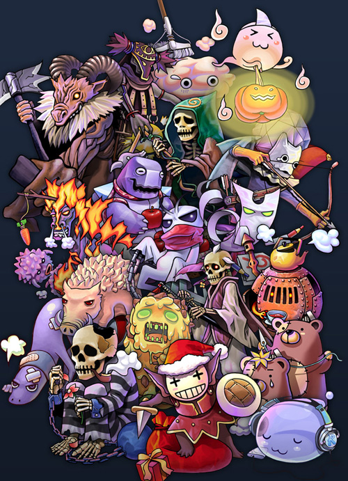 2boys, :3, baphomet_(ragnarok_online), book, bow_(weapon), broom, buffering99, carrot, carrot_on_stick, chain, clouds, commentary, constant, crossed_bandaids, disguise_(ragnarok_online), dog, english_commentary, freezer_(ragnarok_online), full_body, gargoyle_(ragnarok_online), goblin_(ragnarok_online), grin, hat, headphones, holding, holding_bow_(weapon), holding_knife, holding_scythe, holding_shield, holding_weapon, knife, lava_golem_(ragnarok_online), looking_at_viewer, lude_(ragnarok_online), marduk_(ragnarok_online), marin_(ragnarok_online), mask, masked, matyr_(ragnarok_online), monster, multiple_boys, nightmare_(ragnarok_online), prison_clothes, punk_(ragnarok_online), ragnarok_online, red_scarf, santa_hat, savage_(ragnarok_online), scarf, scythe, shield, shikigami, simple_background, sitting, skel_prisoner, skeleton, slime_(creature), smile, smoking, smoking_pipe, stove, stuffed_animal, stuffed_toy, teapot, teddy_bear, teddy_bear_(ragnarok_online), the_paper_(ragnarok_online), turtle, undead, venomous_(ragnarok_online), wander_man, waste_stove, weapon, wind_ghost, x_x