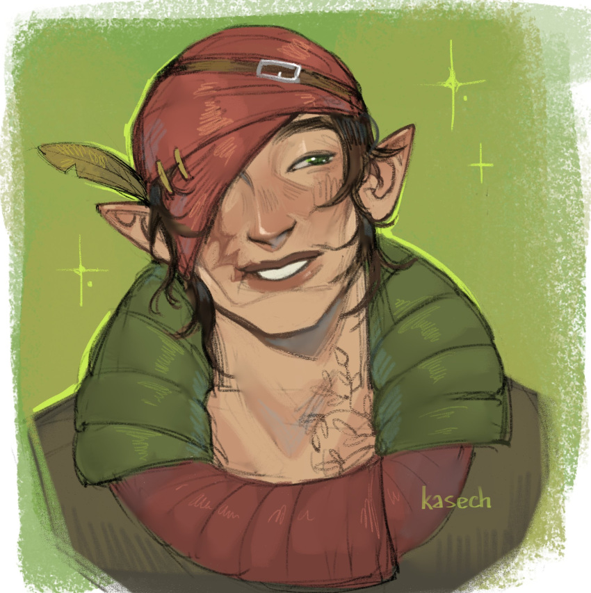 1boy, artist_name, brown_bandana, brown_hair, elf, green_eyes, grin, highres