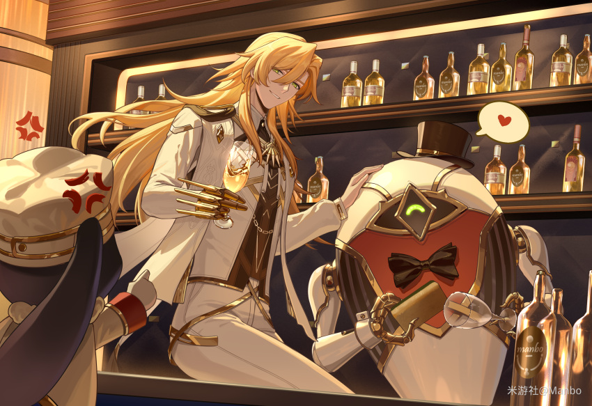 1boy, 1other, alcohol, anger_vein, bar_(place), bottle, commentary_request, cup