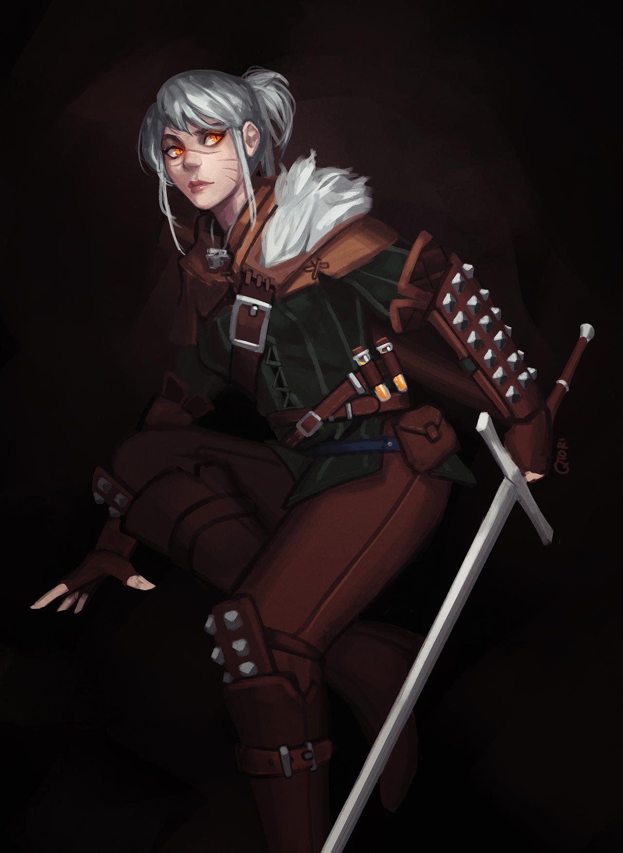 1girl, armor, brown_gloves, brown_pants, ciri, fingerless_gloves, gloves, highres, holding, holding_sword, holding_weapon, looking_to_the_side, orange_eyes, pants, qtori, scar, scar_on_face, scar_on_nose, slit_pupils, solo, sword, the_witcher_(series), the_witcher_4, weapon, white_hair, witcher_medallion