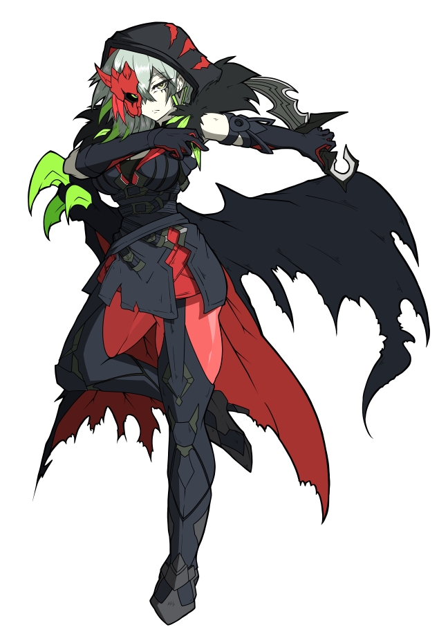 1girl, black_dress, black_hood, black_sclera, boots, colored_sclera, diabellstar_the_black_witch, dress, duel_monster, elbow_gloves, full_body, gloves, green_eyes, grey_eyes, grey_hair, half_mask, heterochromia, holding, holding_sword, holding_weapon, knee_boots, looking_at_viewer, mask, medium_hair, oekaki_kumothu, pale_skin, pantyhose, red_pantyhose, sleeveless, sleeveless_dress, solo, standing, standing_on_one_leg, sword, weapon, white_background, yu-gi-oh!